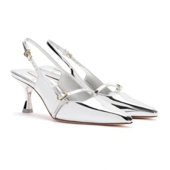 NEW Larroudé Ines Metallic Silver Specchio Slingback Pump Pointed Heels Size 7.5 - Picture 6 of 12